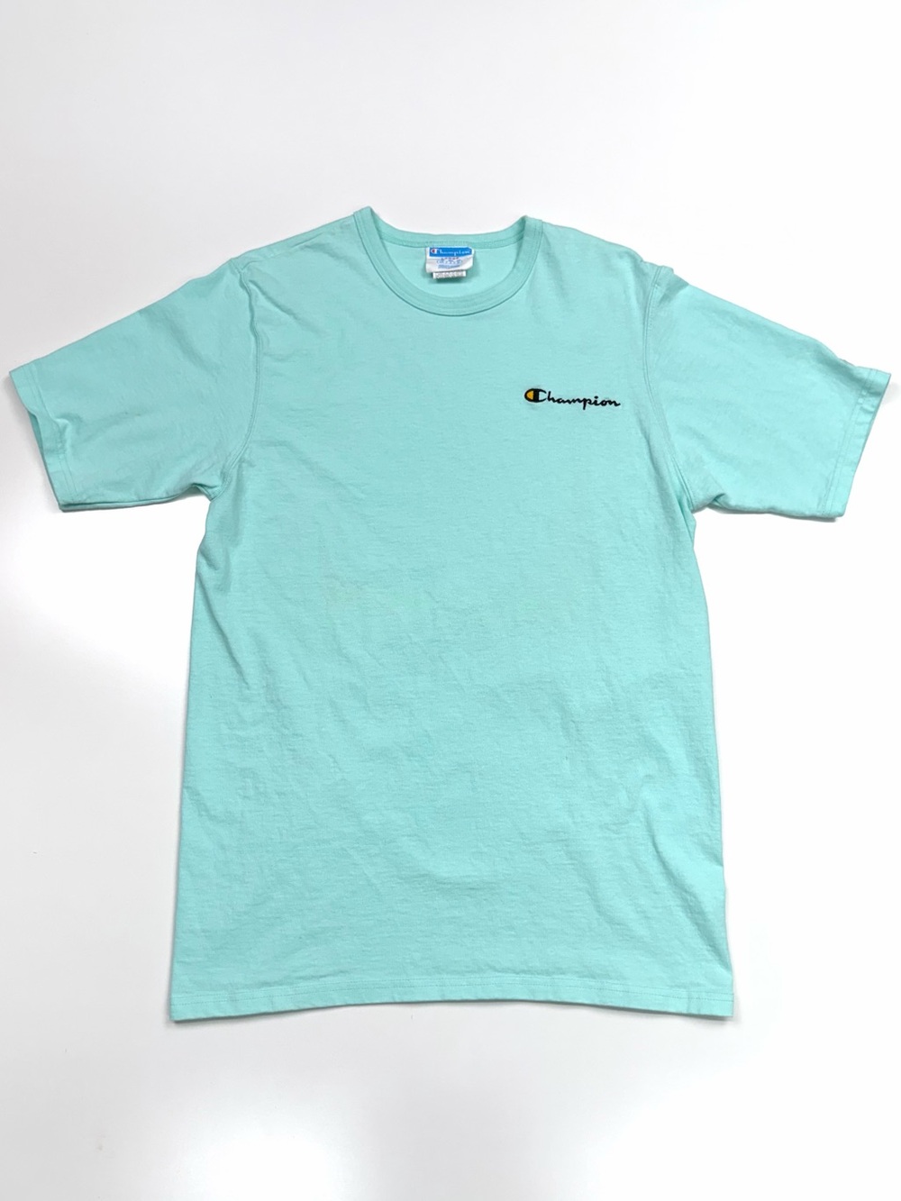 Champion Heritage Script Logo T-Shirt Men’s Large Aqua Teal Embroidered Cotton